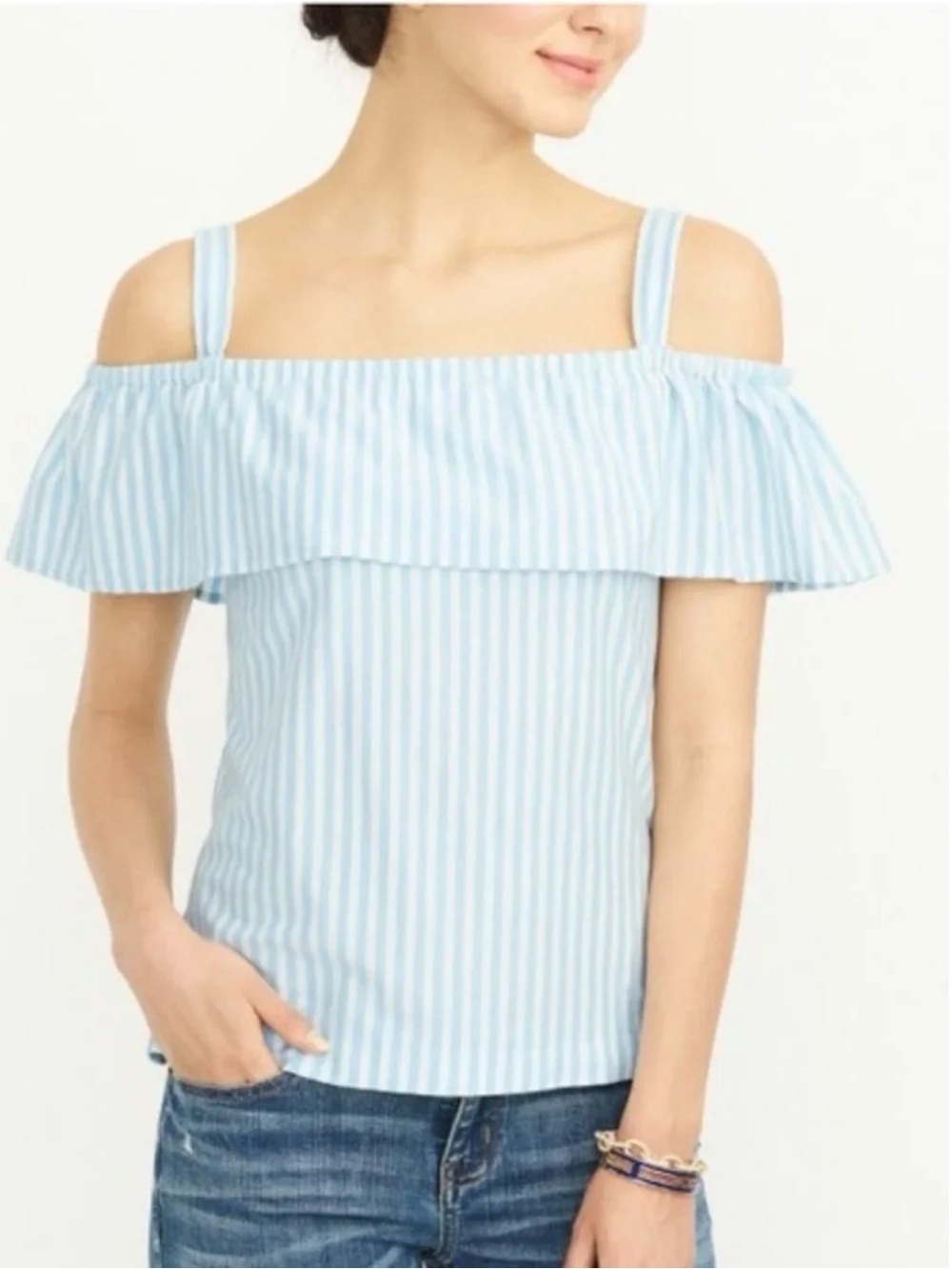 J. Crew Blue White Striped Off-the-Shoulder Ruffle Top XL Coastal Grandmother